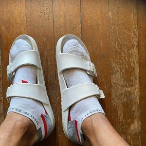 White two strap foam slides